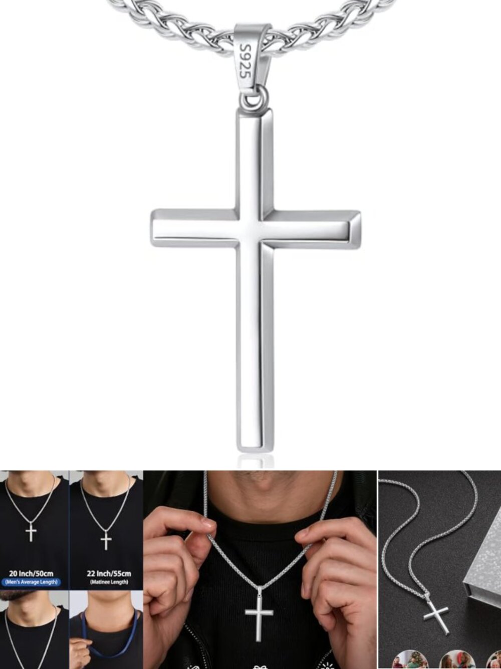 925 Sterling Silver Cross Necklace 18k Gold Plated 3mm Wheat Chain